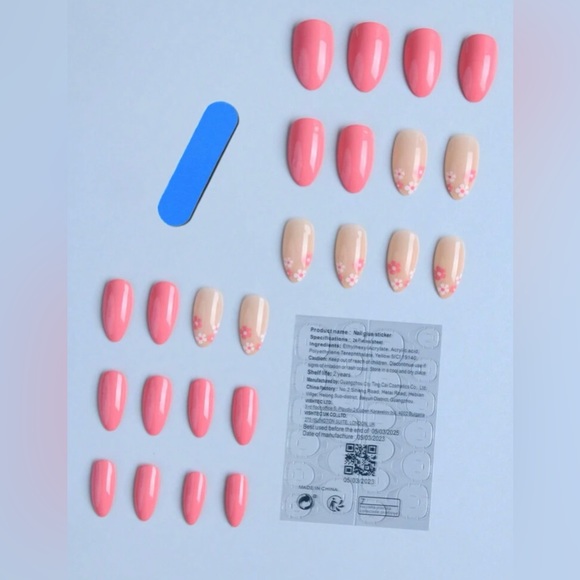 24pcs Long Almond Pink Solid Flower Pattern Press On Nail Set❤️ - Picture 2 of 5